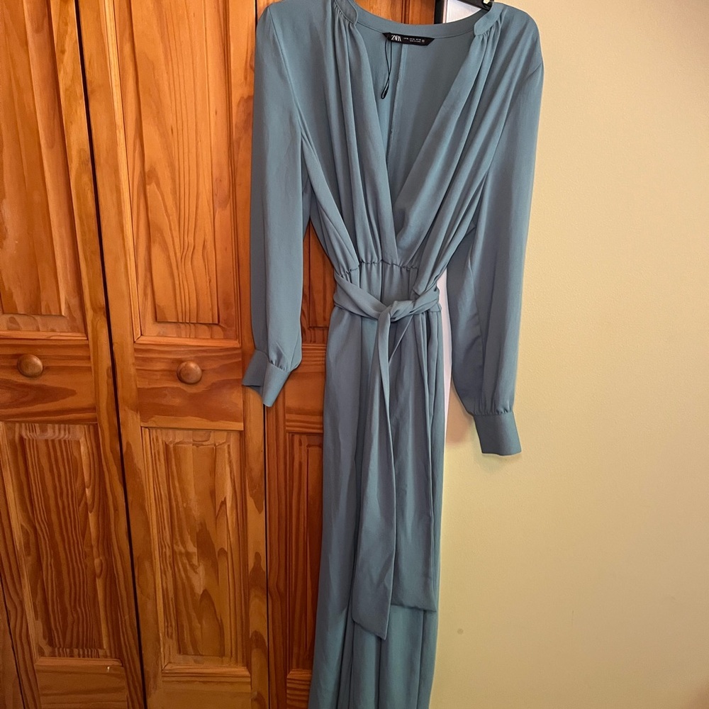 Zara Dusty Blue V-neck Long sleeve Jumpsuit - size xl